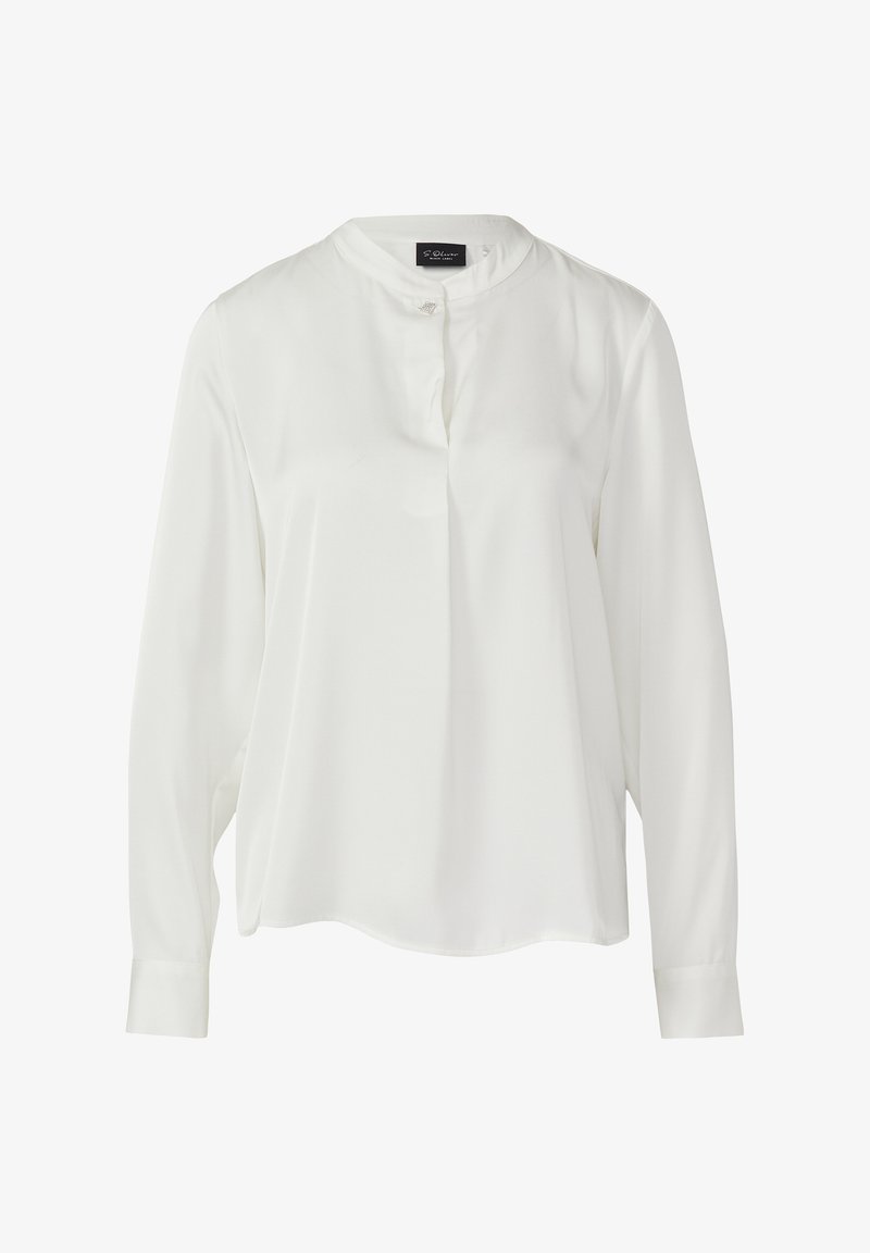 Weiße Langarmbluse mit Mandarin-Kragen und einer dekorativen Knopfverschluss am Ausschnitt.