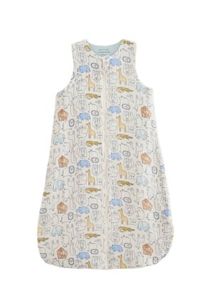 Saco de couchage léger sans manches en crème, avec des motifs d'animaux colorés en bleu, orange et jaune. Fermeture éclaire intégrale à l'avant.