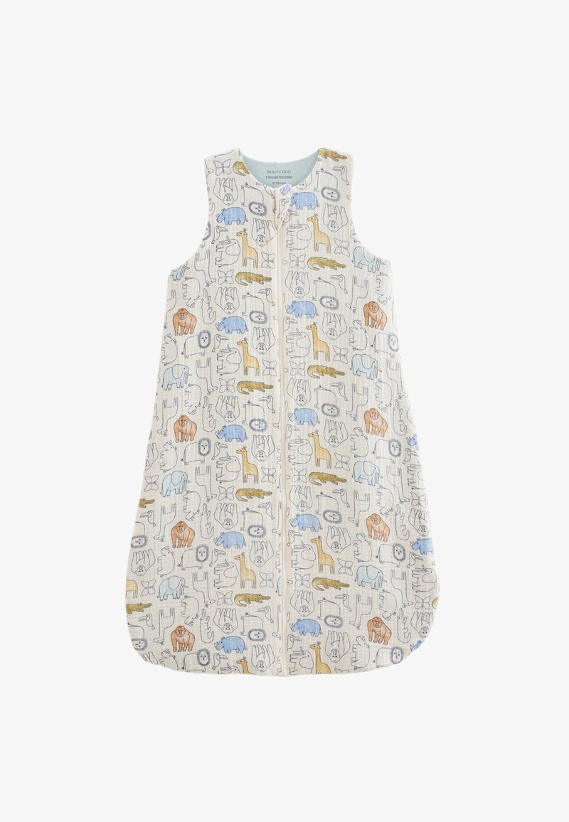 Saco de couchage léger sans manches en crème, avec des motifs d'animaux colorés en bleu, orange et jaune. Fermeture éclaire intégrale à l'avant.