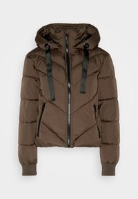 Brown puffer jacket with a detachable hood, front zipper, two side pockets, and contrasting black straps. Features a quilted chevron pattern.