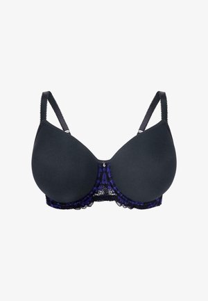 Sujetador negro acolchado con tirantes ajustables, que presenta una banda de encaje púrpura texturizado en la parte inferior y un pequeño broche decorativo en la parte frontal.