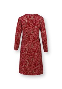 Rotes floral-langärmliges Kleid mit rundem Hals, das ein sich wiederholendes Muster aus weißen und beigen Blumen und Blättern auf einem strukturierten Stoff zeigt.