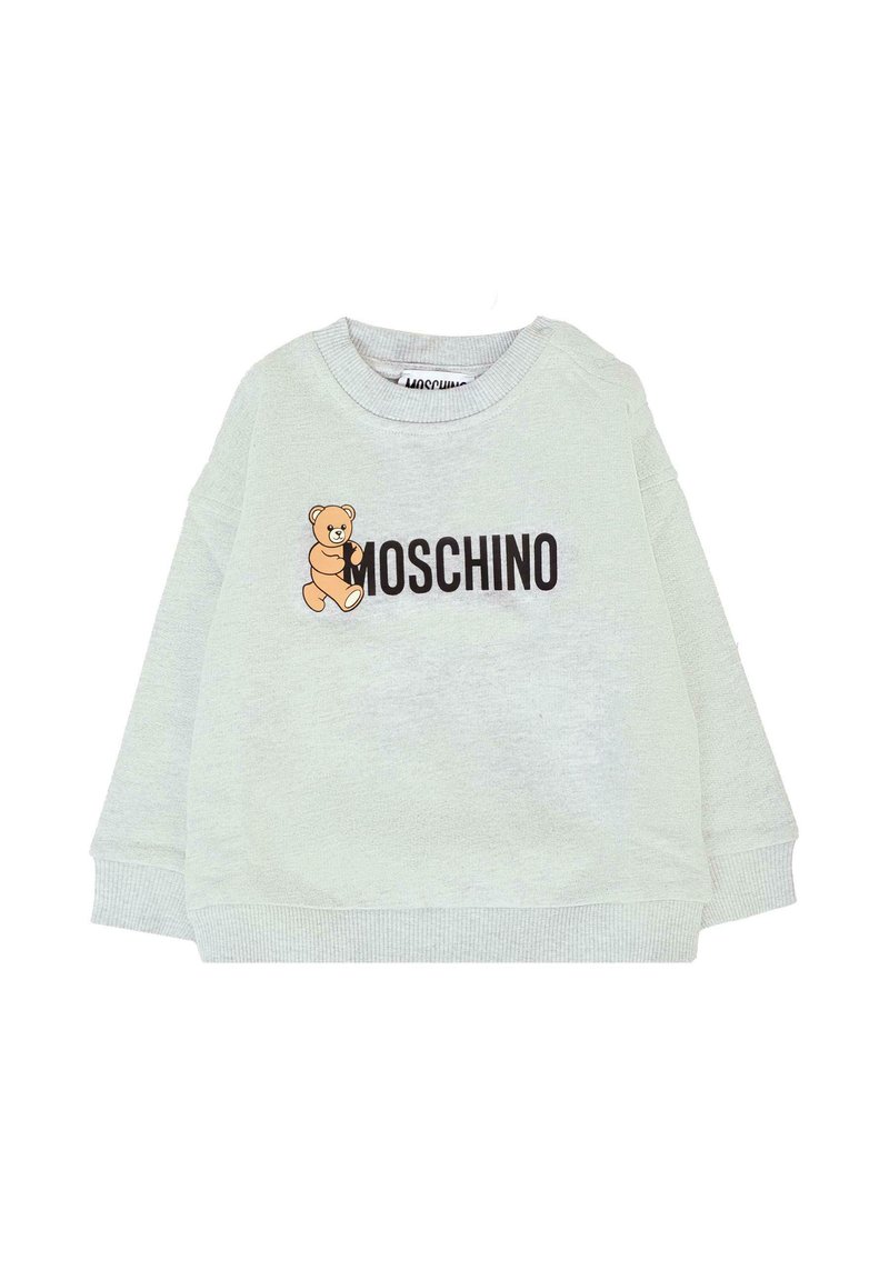 Lichtgroene sweatshirt van katoen met een geribbelde kraag en manchetten. Bevat een teddybeerafbeelding en de tekst "MOSCHINO" in het zwart.