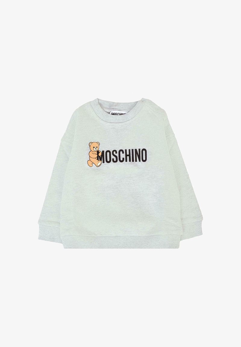 Lichtgroene sweatshirt van katoen met een geribbelde kraag en manchetten. Bevat een teddybeerafbeelding en de tekst "MOSCHINO" in het zwart.