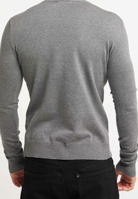 Pull léger gris avec un ourlet et des poignets côtelés, présentant une texture lisse et une coupe ajustée. Vue de dos montrant une confection sans coutures.