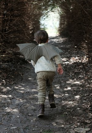 Ali di pipistrello grigie attaccate alla schiena di un bambino, che indossa un maglione crema testurizzato e pantaloni beige. Cammina su un sentiero di terra in mezzo al verde.