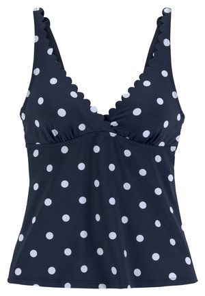 Temno modra tankini zgornji del s pikami v beli barvi, z valovitim robom, V-izrezom in nabranim šivom na oprsju. Izdelano iz raztegljivega, gladkega materiala.