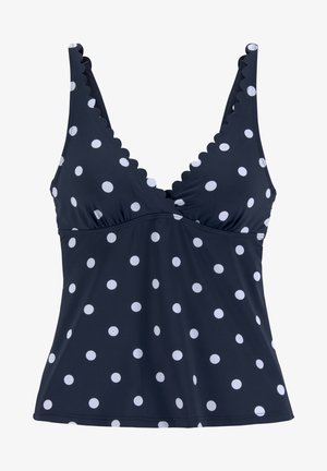 Top de tankini azul marino con lunares blancos, bordes con forma de olas, diseño en V y una línea de busto fruncida. Fabricado con una tela elástica y suave.