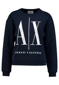Mörkblå sweatshirt i bomull med en tydlig vit "AX"-logotyp och "ARMANI EXCHANGE"-text i kontrasterande typsnitt på framsidan.