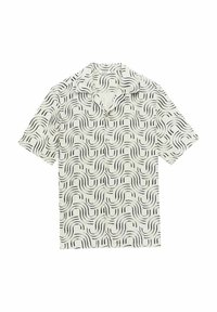 Korte mouwen shirt van lichtgewicht stof. Witte achtergrond met zwart golvend patroon. Knopsluiting aan de voorkant en klassieke kraag.