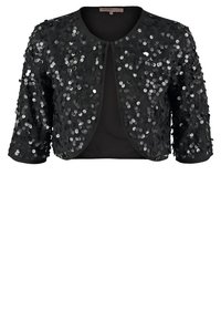 Černá krátká bunda s tříčtvrtečními rukávy, pokrytá lesklými flitry, má kulatý výstřih a otevřený přední design. Jemná látka.