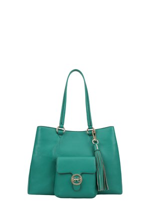 Sac fourre-tout en cuir bleu canard avec deux poignées, doté d'une poche amovible avec un accent en métal doré et un détail de pompon. Texture lisse.