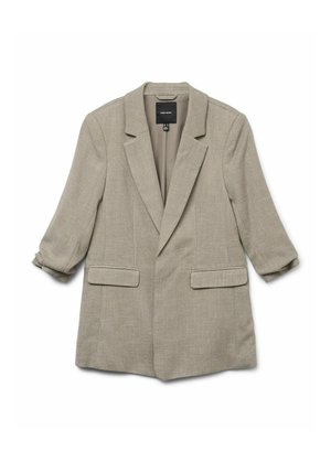 Lys grå blazer med strukturert stoff, enkelspent design, klaffekrage, to frontlommer og oppbrettede ermer.
