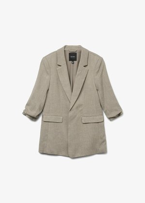 Blazer gris clair en tissu texturé, à un bouton, avec des revers crantés, deux poches avant et des manches retroussées.