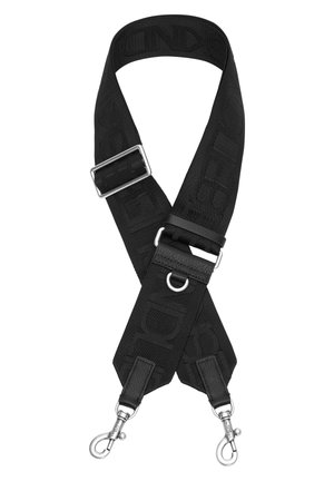 Black strap featuring embossed logo design, adjustable length, metal hardware, and clip ends for attachment. Textured fabric enhances grip.