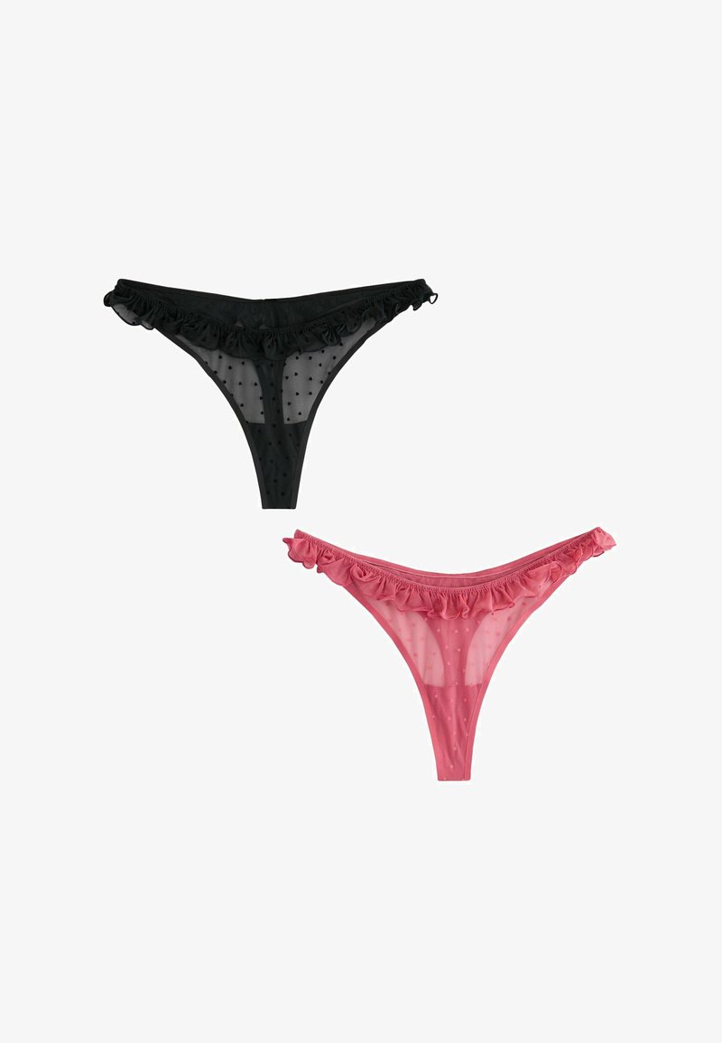 String en dentelle noire et rose avec un motif à pois et des bords volants. Le string noir est au-dessus du rose, les deux offrent une couverture minimale.