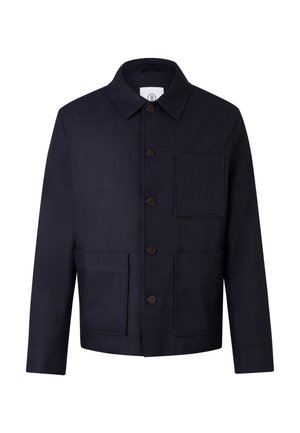 Námořnicky modrá bunda na knoflíky s límečkem, dlouhými rukávy a třemi náprsními kapsami, zobrazena na bílém pozadí.