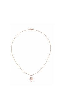 Rosen guld halskæde med en slank kæde og et træformet vedhæng med små klare sten, der pryder grenene.