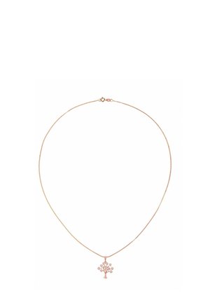 Rosen guld halskæde med en slank kæde og et træformet vedhæng med små klare sten, der pryder grenene.