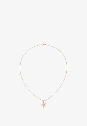 Roosakuldne kaelakee, millel on saledat kett ja puu kujuline ripats, mille harudel on väiksed selged kivid.