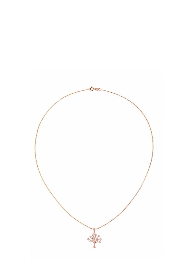 Rosen guld halskæde med en slank kæde og et træformet vedhæng med små klare sten, der pryder grenene.