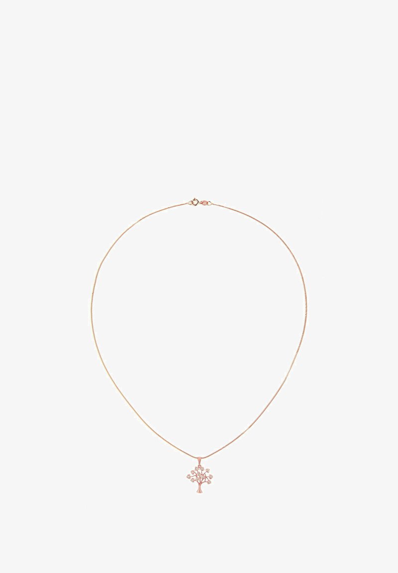 Różowa złota naszyjnik z cienkim łańcuszkiem i zawieszką w kształcie drzewa, ozdobioną małymi, przezroczystymi kamieniami na gałęziach.