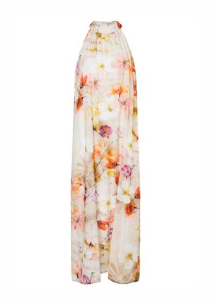 Robe longue sans manches à col haut, présentant un motif floral doux en orange, rose, violet et blanc sur un fond beige clair.