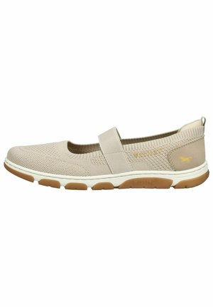 Scarpa slip-on in maglia beige chiaro con fascia elastica, suola imbottita con battistrada marrone e piccolo logo sul tallone.