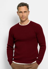Burgundy knit sweater with a textured pattern, round neckline, and ribbed cuffs. Worn over a white shirt, features a fitted silhouette.