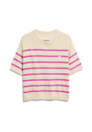 Beige short-sleeve knit sweater with horizontal pink stripes and ribbed crew neckline, cuffs, and hem.