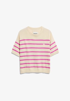 Beiger Strickpullover mit kurzen Ärmeln, horizontalen pinkfarbenen Streifen und geripptem Rundhalsausschnitt, Bündchen sowie Saum.