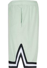 Gaiši piparmētru zaļas sporta šortos ar elastīgu jostu, kurām ir melnbalta zigzaga raksts apakšmalā un logotipa akcents.