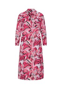 Robe chemise à manches longues avec un motif abstrait de feuilles en rose, rouge, noir et blanc, col et poche poitrine.