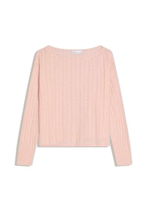 Maglione rosa chiaro a maniche lunghe con lavorazione a trecce, ampio scollo tondo, polsini a coste e orlo dritto.