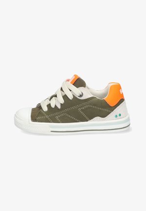 Green synthetic upper sneaker with white rubber toe cap, orange heel accent, and cream laces. Features contrasting stitching and a patterned design.