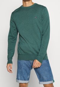 Maglione verde a girocollo in morbido tessuto a maglia, con polsini e orlo a coste, indossato con pantaloni di denim corti arrotolati. Piccolo logo sul petto.