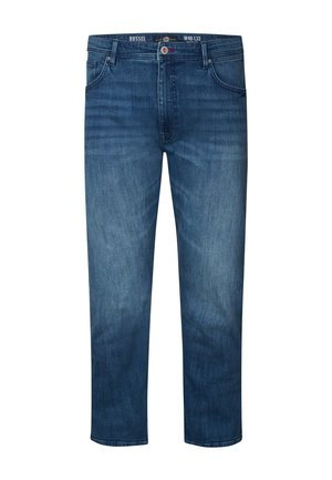 Jeanși din denim albastru închis cu croială dreaptă, având cinci buzunare, fermoar și o ușoară decolorare pentru un aspect relaxat.