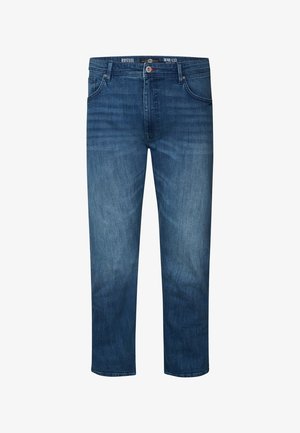 Jeans in denim blu scuro con taglio dritto, dotati di cinque tasche, chiusura con zip e leggere sfumature per un aspetto rilassato.