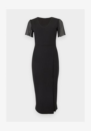 Melnas midi kleita ar V veida izgriezumu, pieguļošu vidukli un caurspīdīgām īsām plandošām piedurknēm, ar smalku priekšējo šķēlumu svārkos.