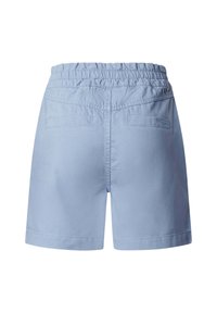 Light blue casual shorts with elastic waistband and two back welt pockets, shown from the rear on a white background.