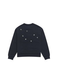 Marineblauwe sweatshirt met een ronde halslijn en lange mouwen. Heeft verspreide witte letters op de achterkant. Geweven stof met ribbelmanchetten.