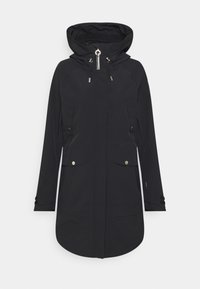 Giacca parka nera con cappuccio, dotata di chiusura con zip sul davanti, maniche lunghe, due tasche frontali e dettagli in metallo argentato. Tessuto liscio.