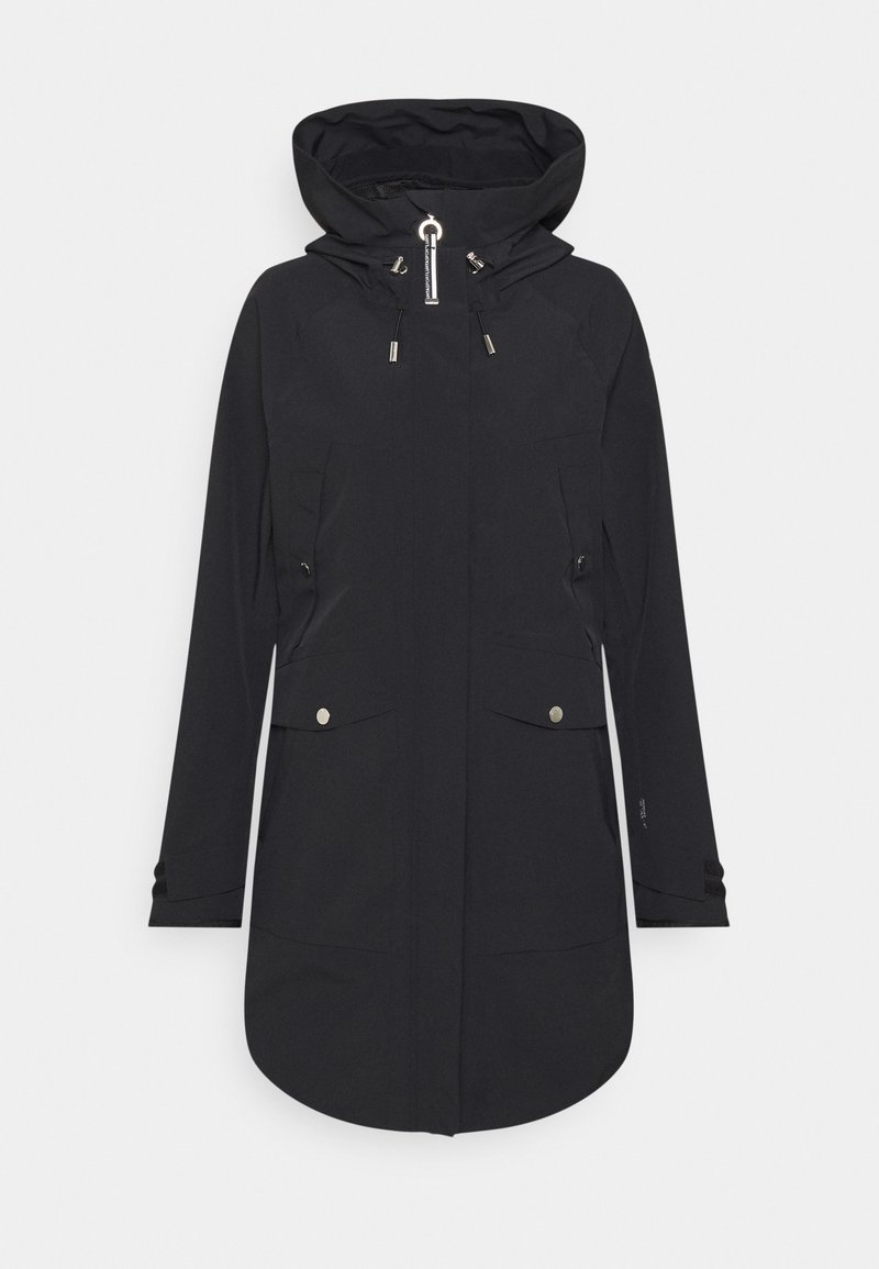 Giacca parka nera con cappuccio, dotata di chiusura con zip sul davanti, maniche lunghe, due tasche frontali e dettagli in metallo argentato. Tessuto liscio.