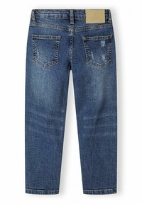 Granatowe dżinsy jeansowe o prostym kroju, z dwoma tylnymi kieszeniami, lekkimi przetarciami i markową skórzaną naszywką na pasku.