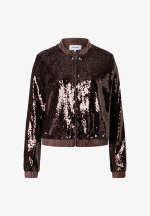 Sequin bomber jacket in dark brown with a shiny, textured finish, ribbed cuffs, and a zip front closure. Features a satin collar.