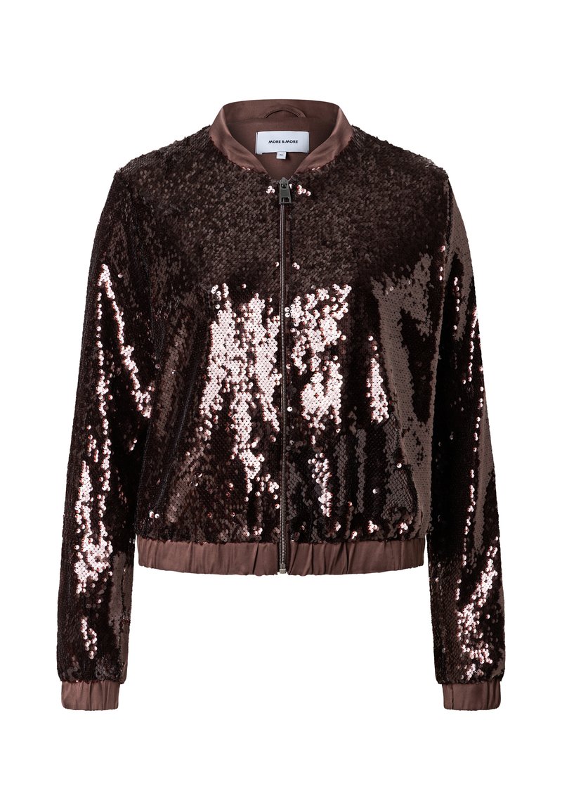 Sequin bomber jacket in dark brown with a shiny, textured finish, ribbed cuffs, and a zip front closure. Features a satin collar.