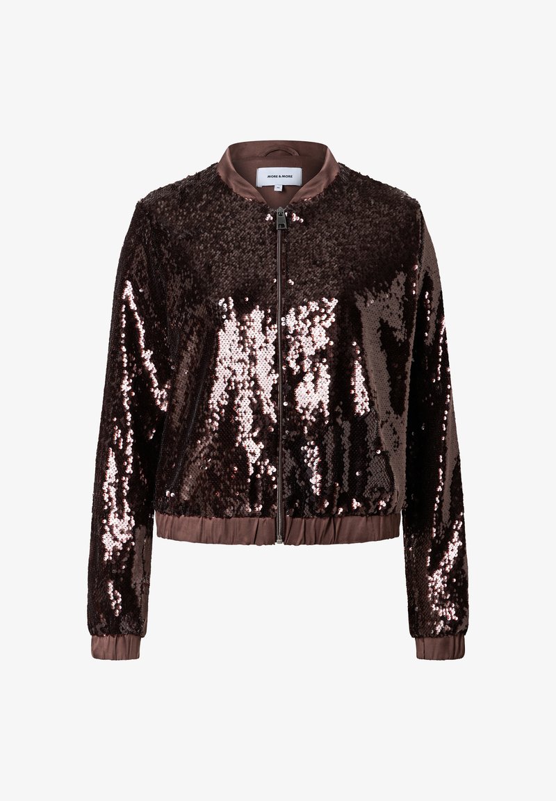 Sequin bomber jacket in dark brown with a shiny, textured finish, ribbed cuffs, and a zip front closure. Features a satin collar.