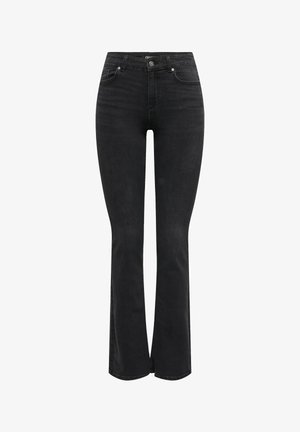 Jean denim noir taille haute avec fermeture à bouton et zip à l'avant, deux poches avant, et jambes légèrement évasées.