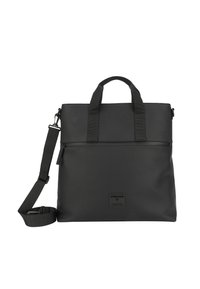 Borsa per laptop in materiale sintetico nero con doppie maniglie superiori, tracolla rimovibile, chiusura con zip e una sezione superiore testurizzata.