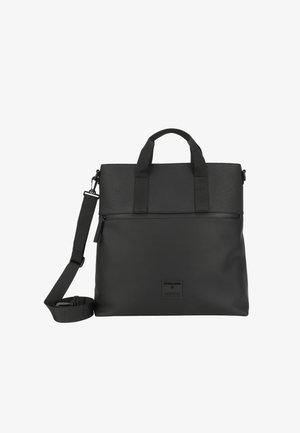 Sort syntetisk materiale laptop taske med to top hanke, aftagelig skulderrem, lynlås lukning og en tekstureret øverste sektion.